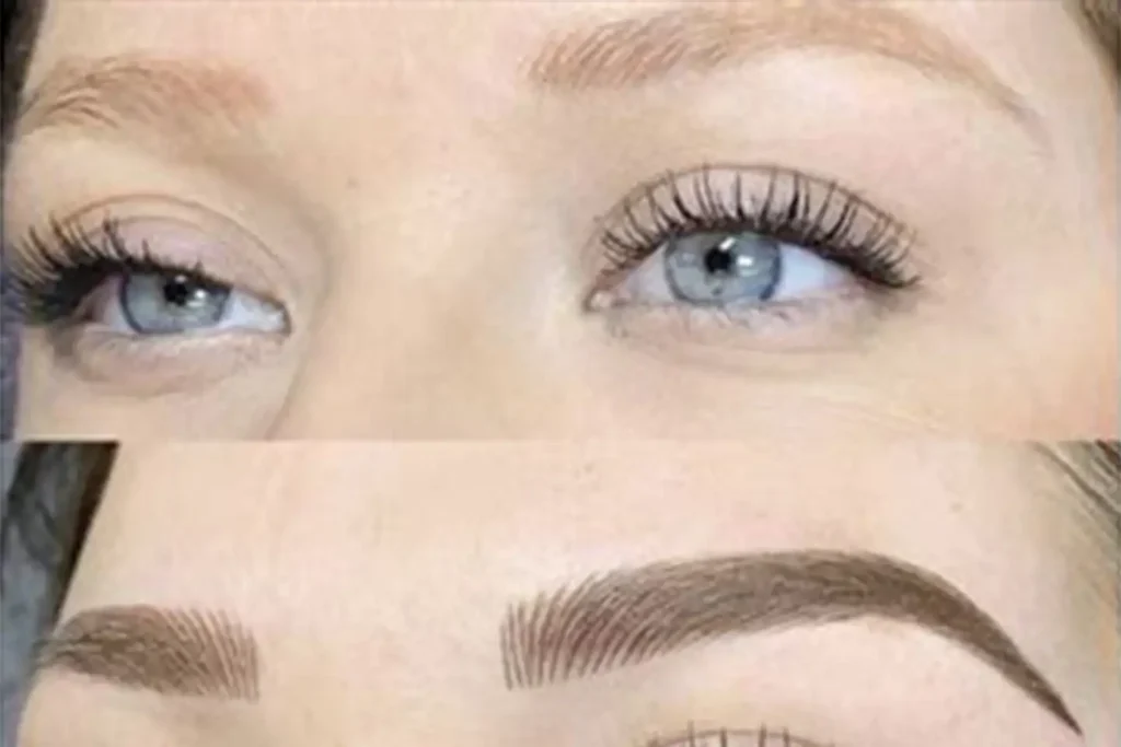 Woman receiving microblading eyebrow treatment in Canterbury beauty salon.
